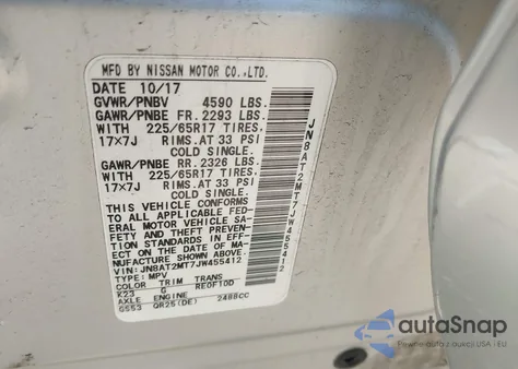 2018 Nissan Rogue Sv z USA, uszkodzony, nr VIN JN8AT2MT7JW455412